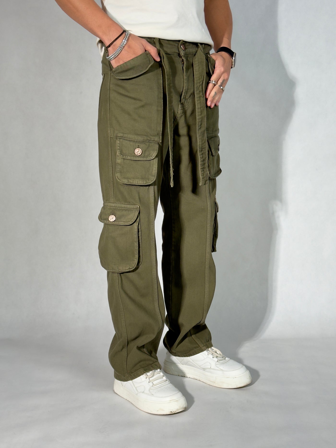 Olive Green Casual Cargo Baggy Jeans