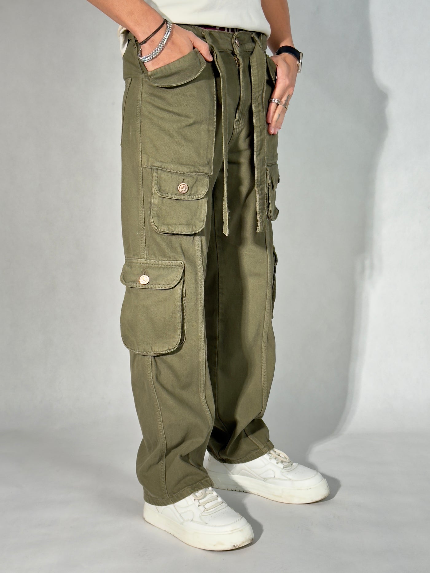 Olive Green Casual Cargo Baggy Jeans