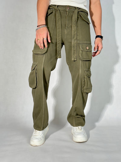 Olive Green Casual Cargo Baggy Jeans