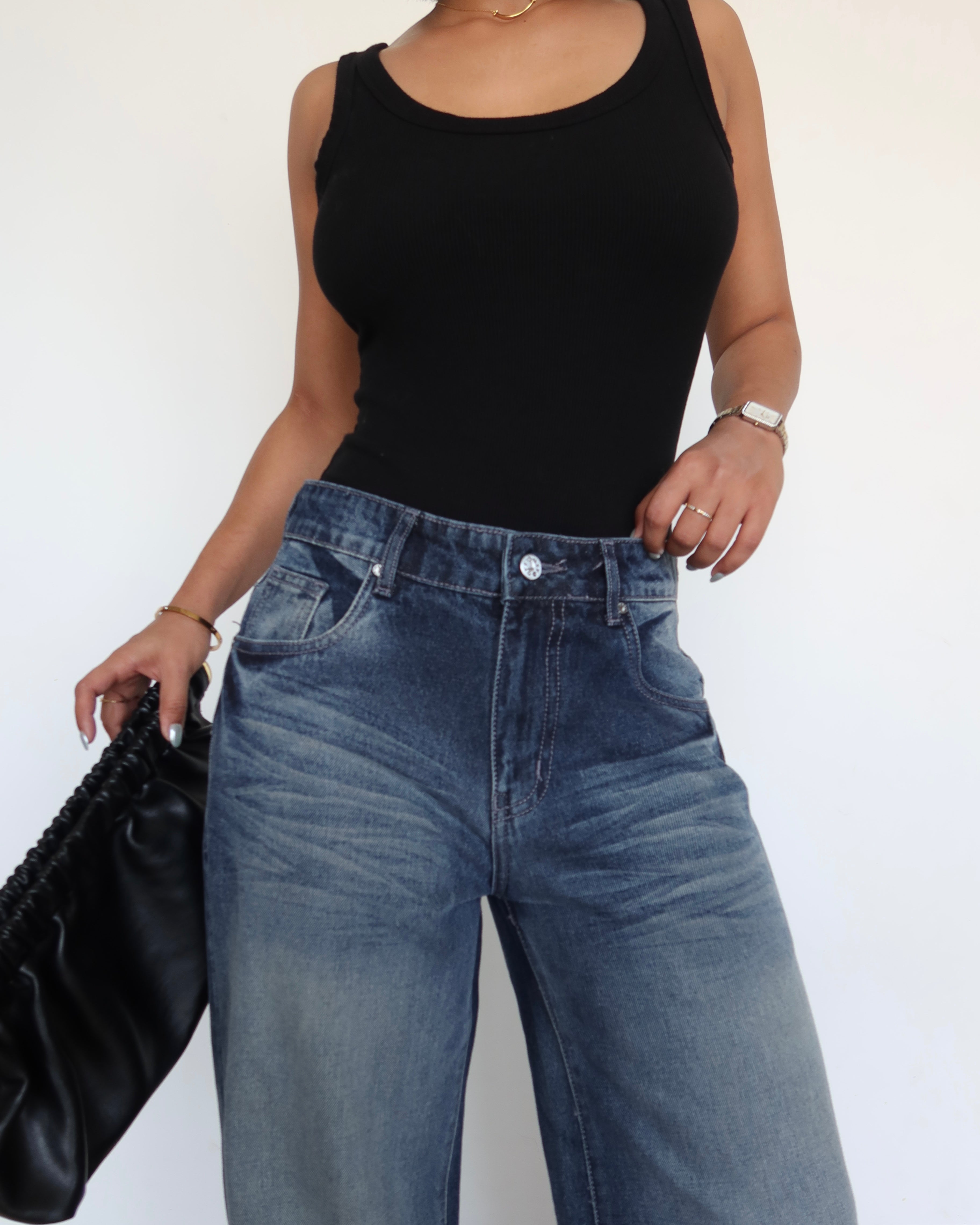 Blue Brushed Wide Leg Jeans