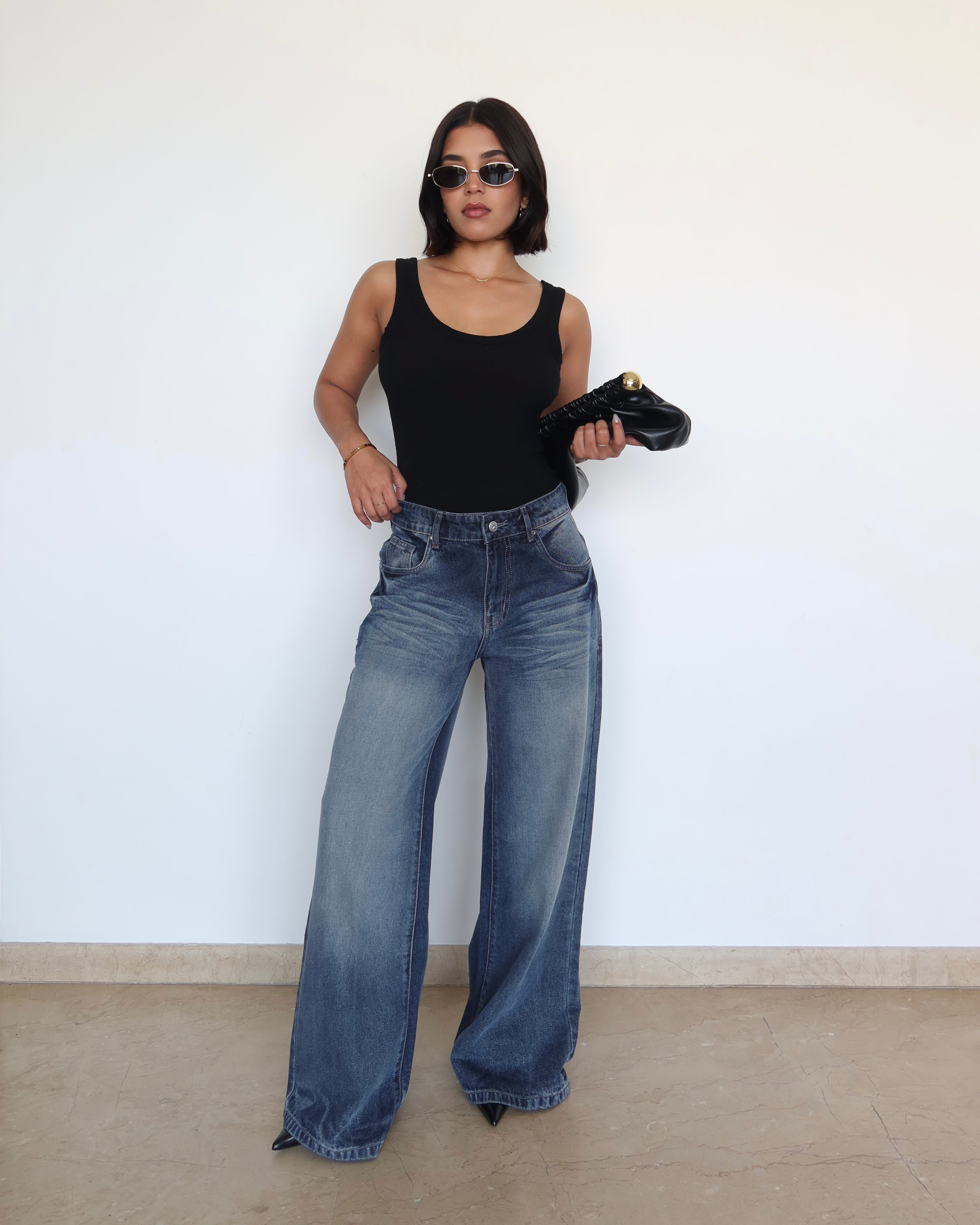 Blue Brushed Wide Leg Jeans