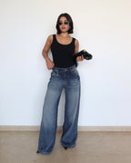 Blue Brushed Wide Leg Jeans