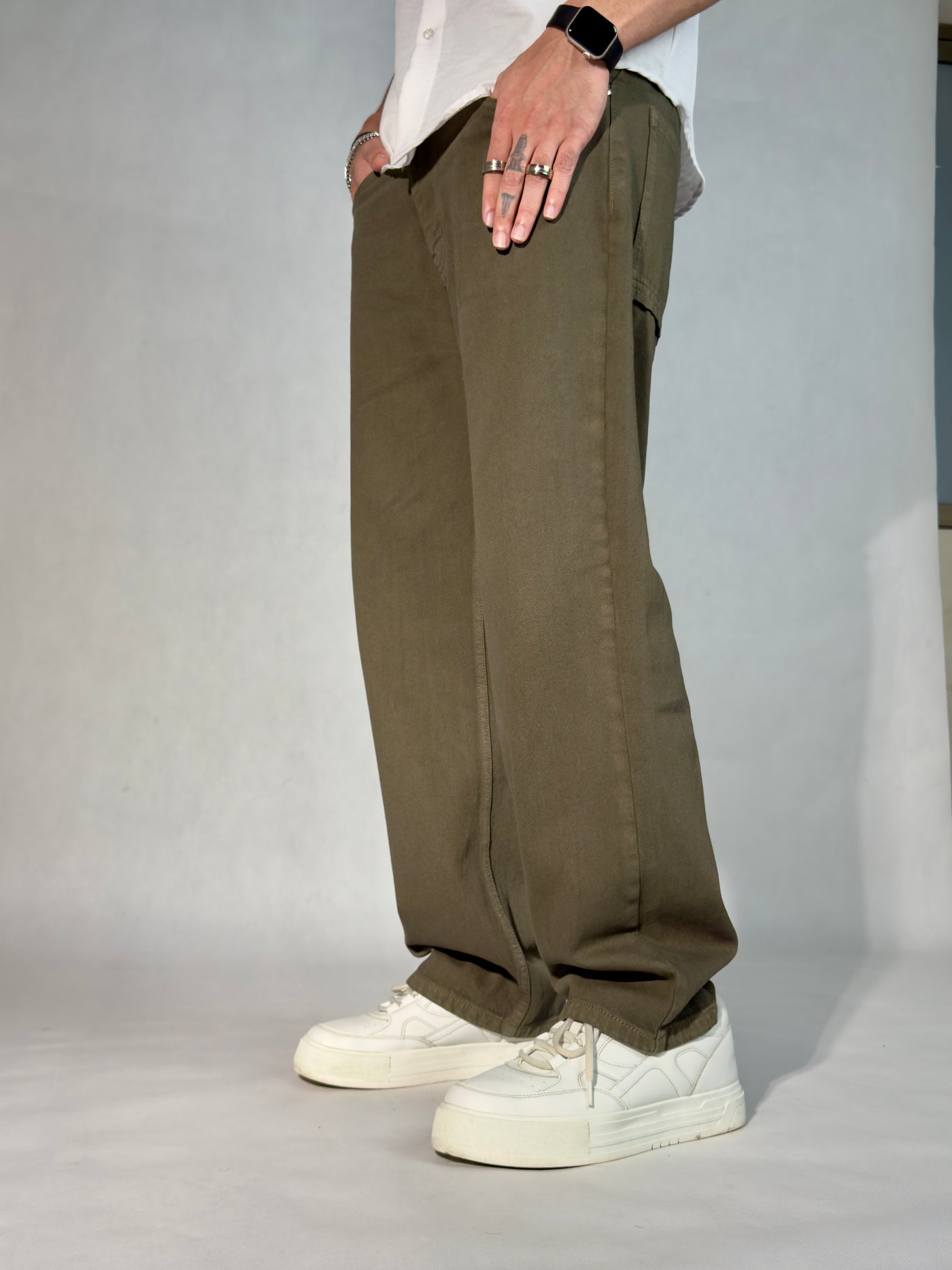 Army Green Baggy Fit Straight Leg Jeans - Main Image