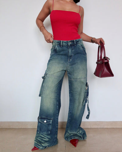 Navy Solar Wide Leg Cargo Jeans