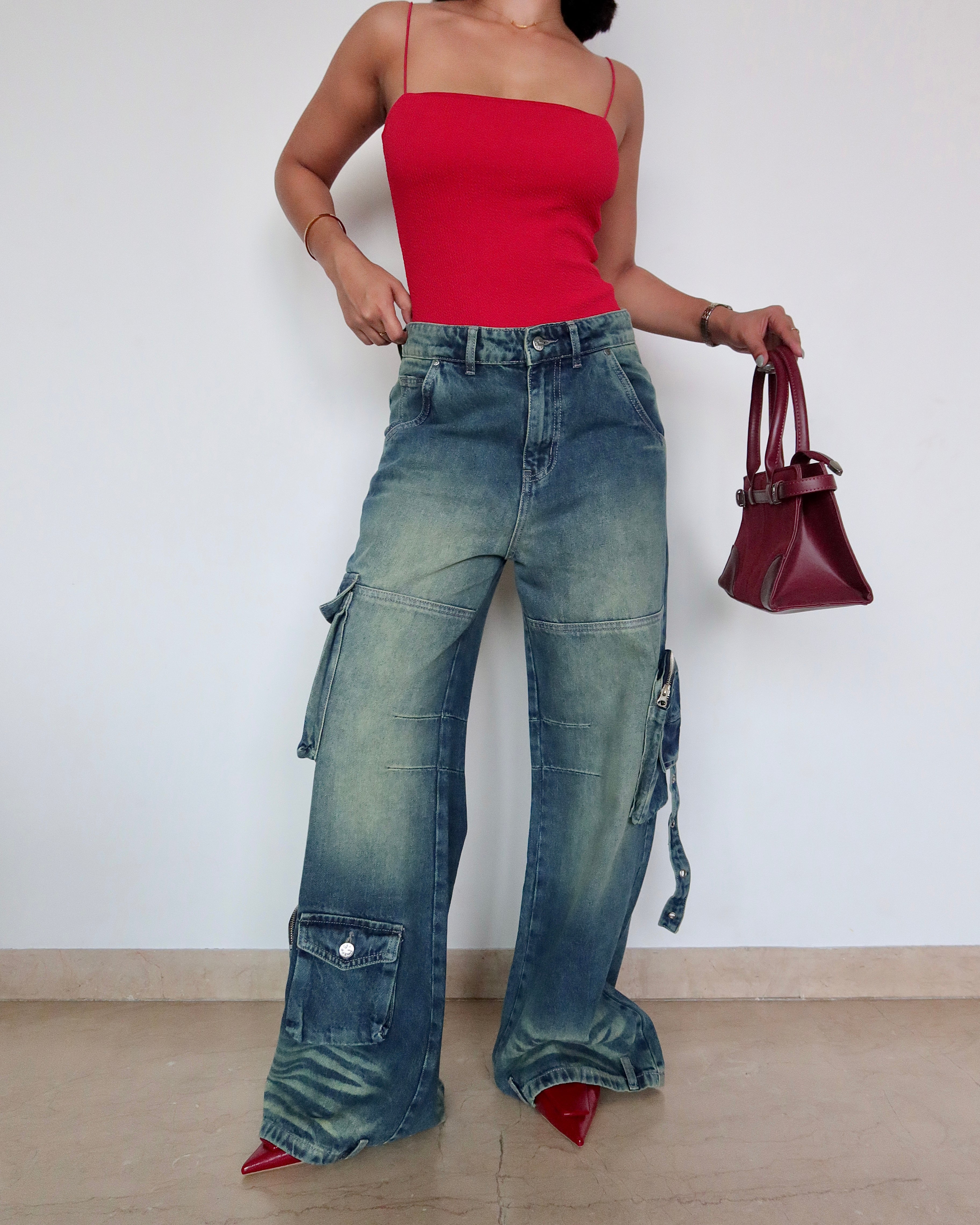 Navy Solar Wide Leg Cargo Jeans