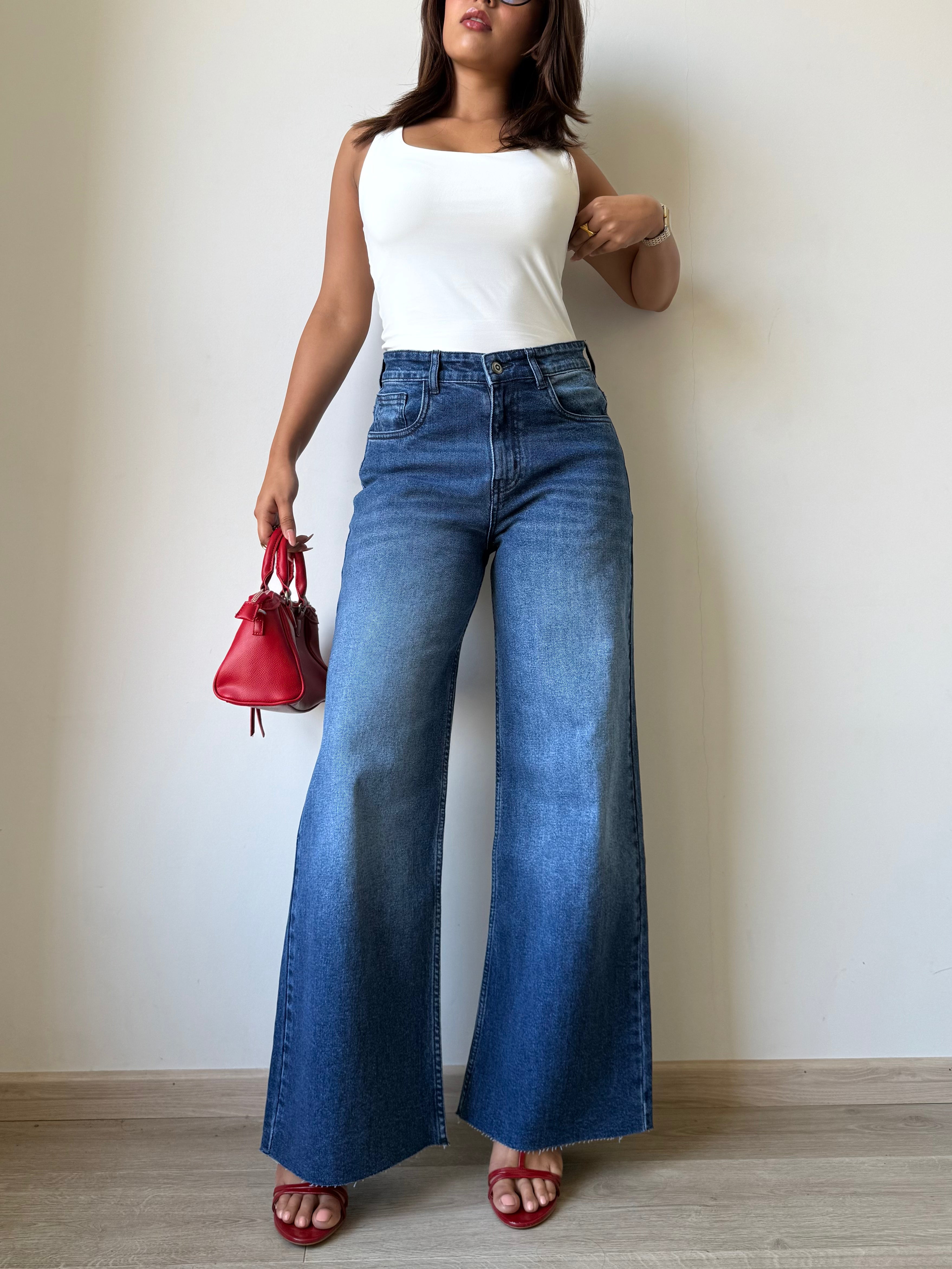 Twilight Blue Raw Hem Wide Leg Jeans