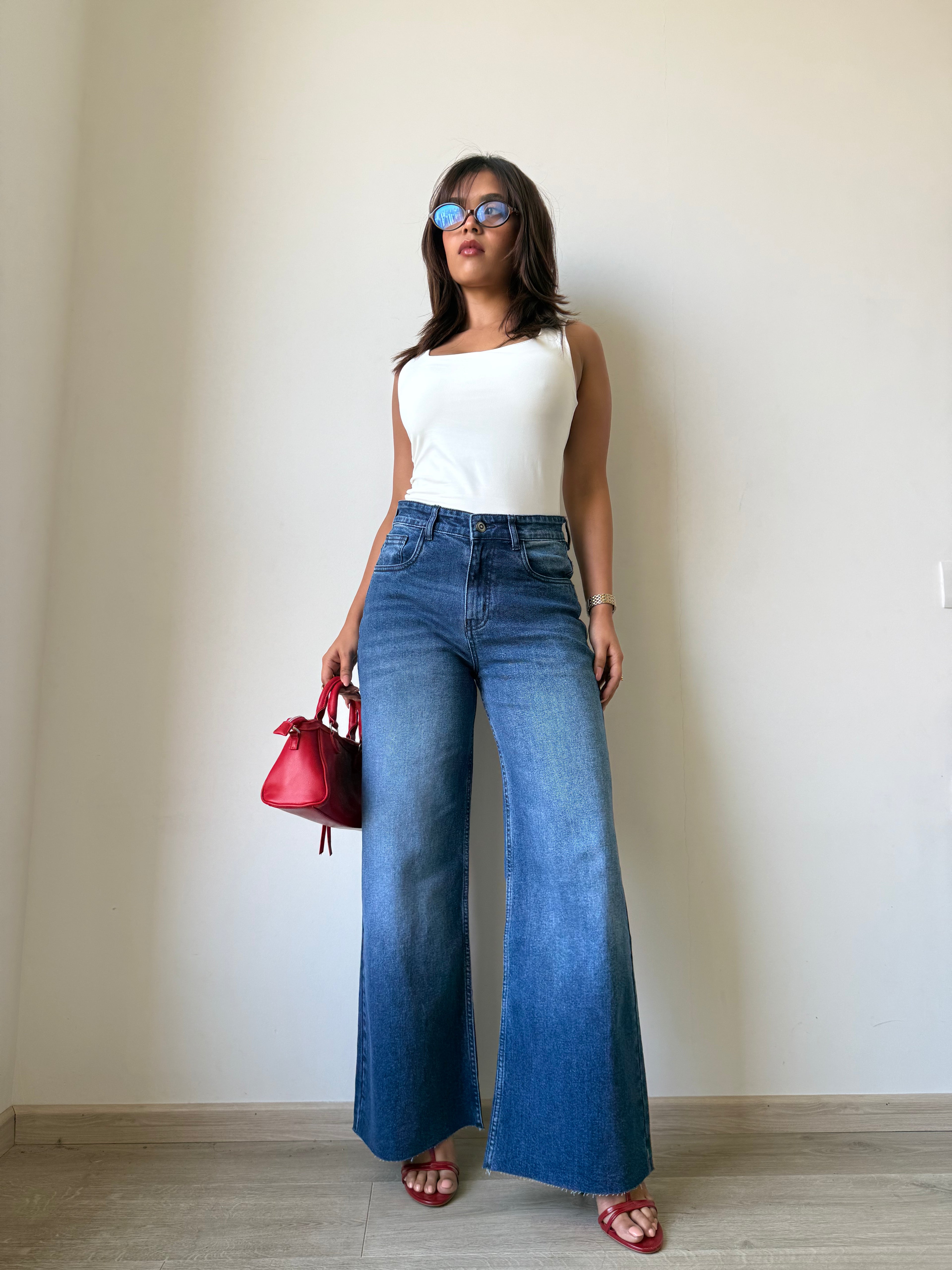 Twilight Blue Raw Hem Wide Leg Jeans