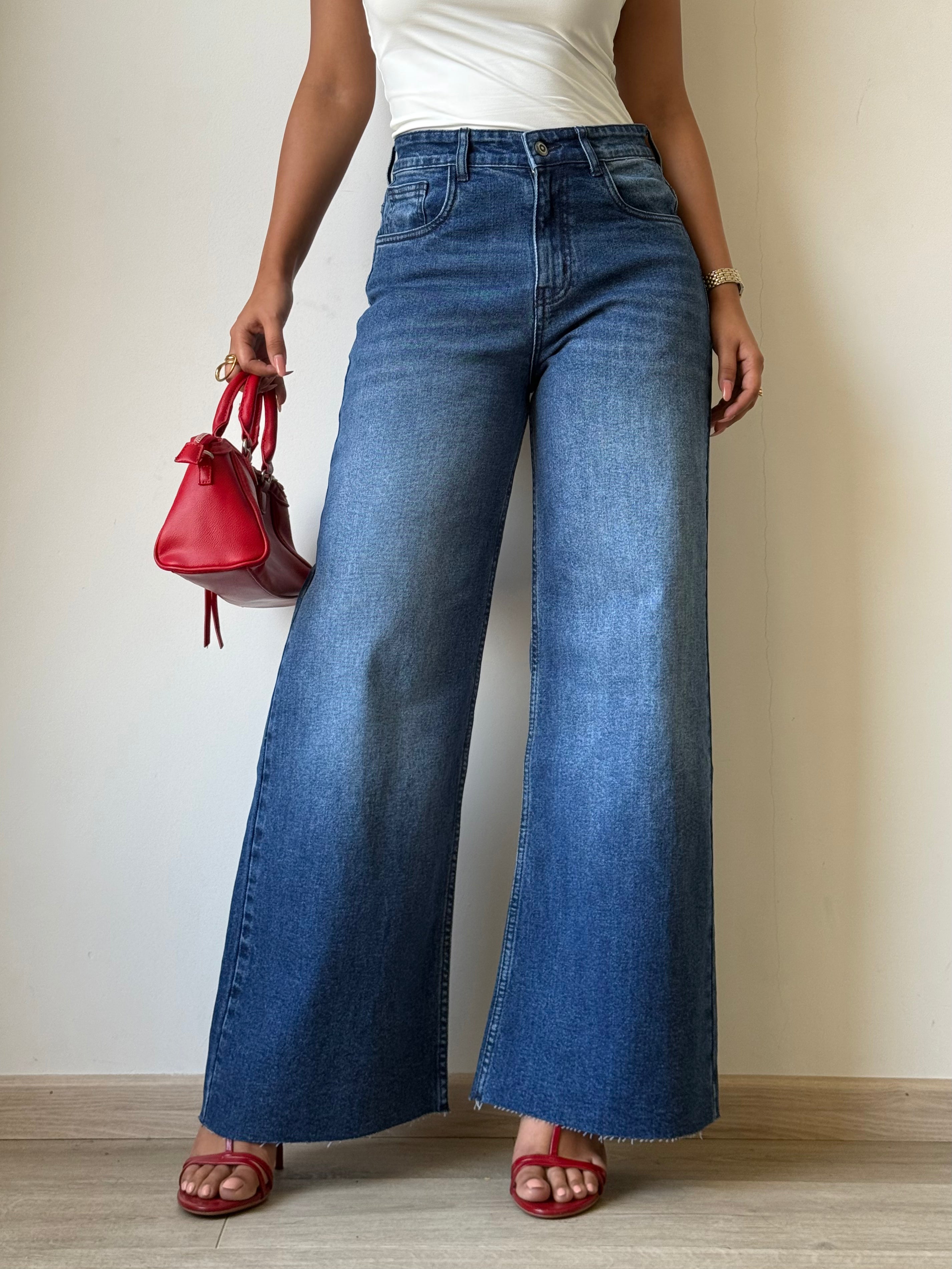 Twilight Blue Raw Hem Wide Leg Jeans