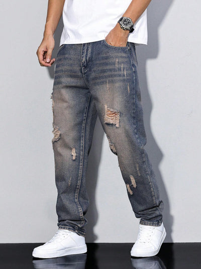 Damage Blue Straight Fit Jeans