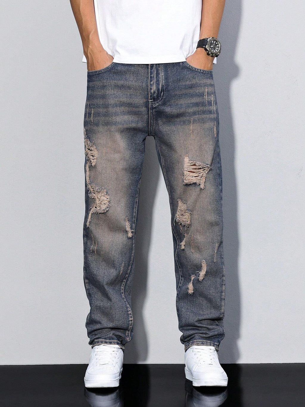 Damage Blue Straight Fit Jeans