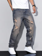 Damage Blue Straight Fit Jeans