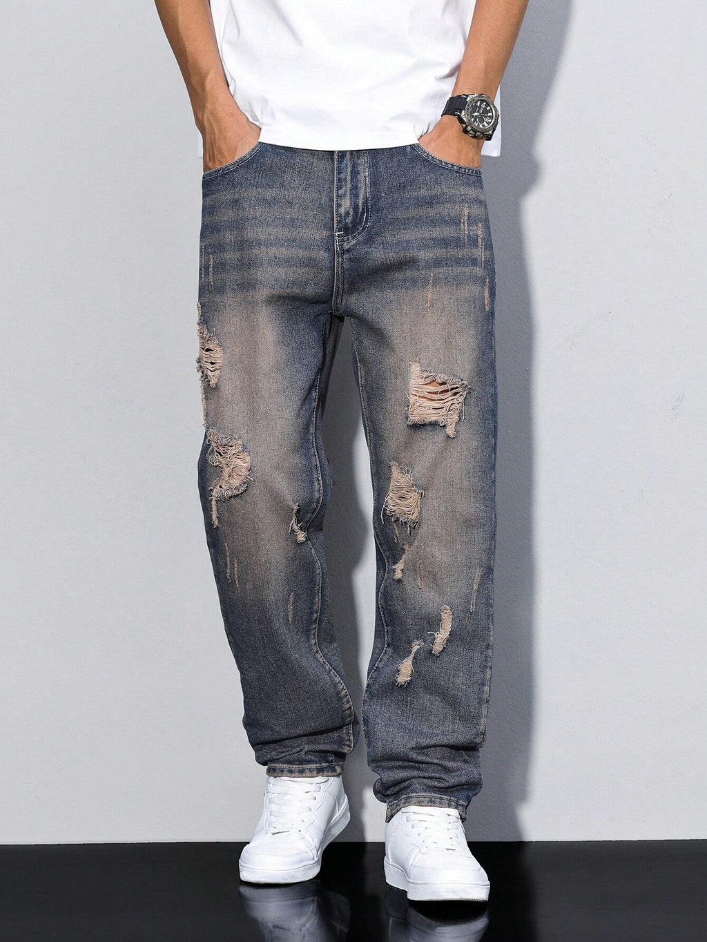 Damage Blue Straight Fit Jeans