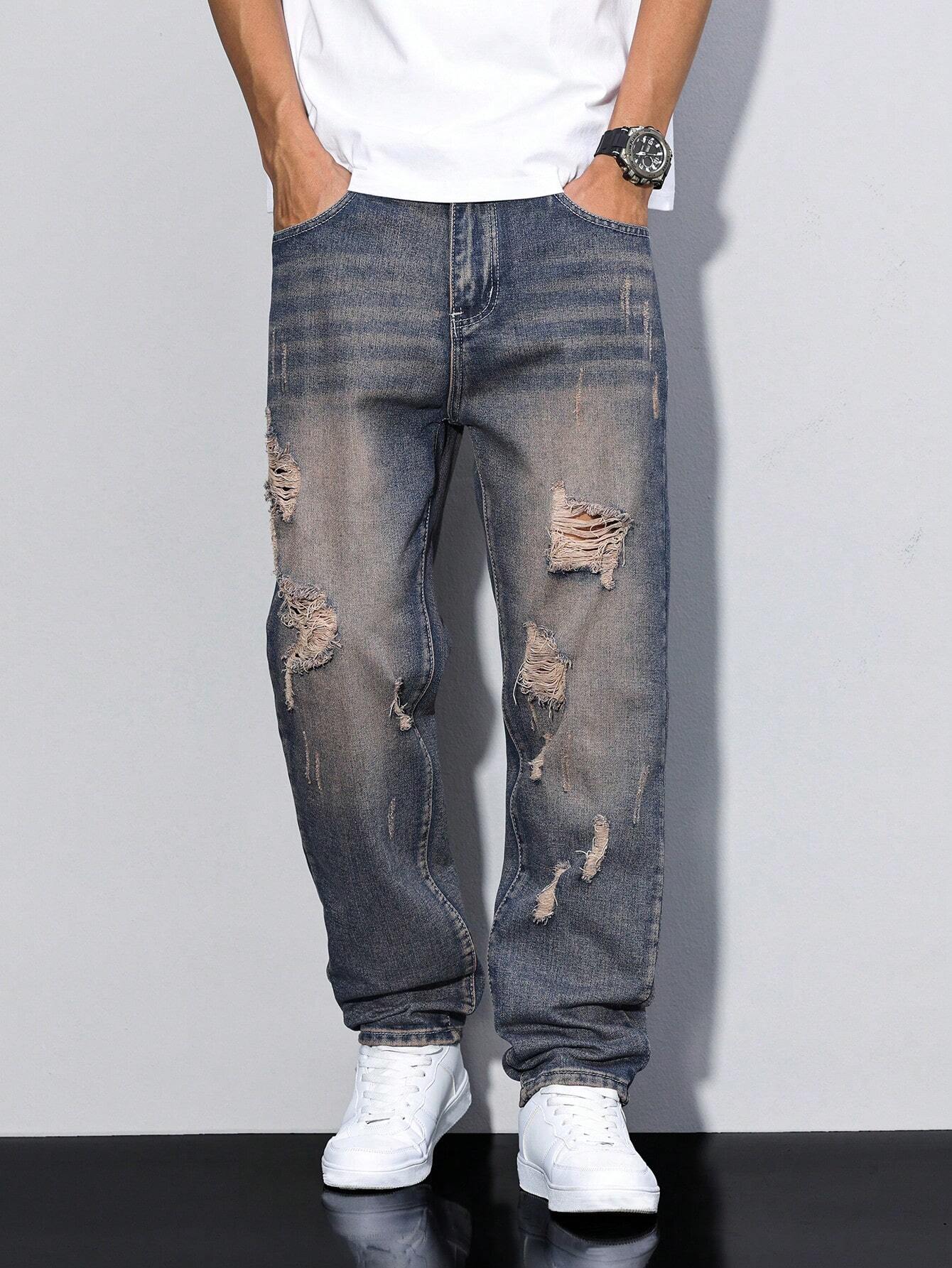 Damage Blue Straight Fit Jeans