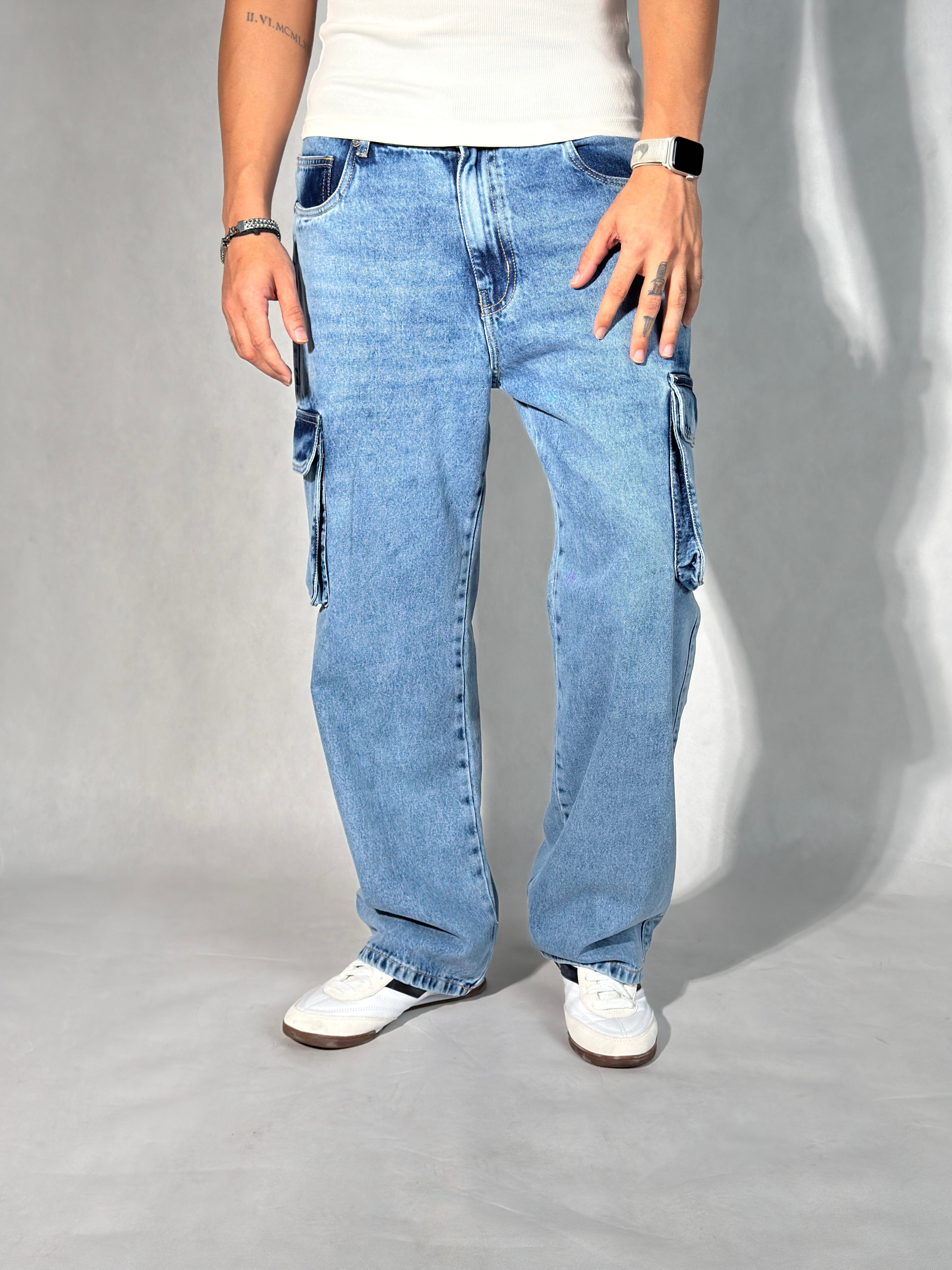 Blue Stone Wash Baggy Fit Cargo Men Jeans