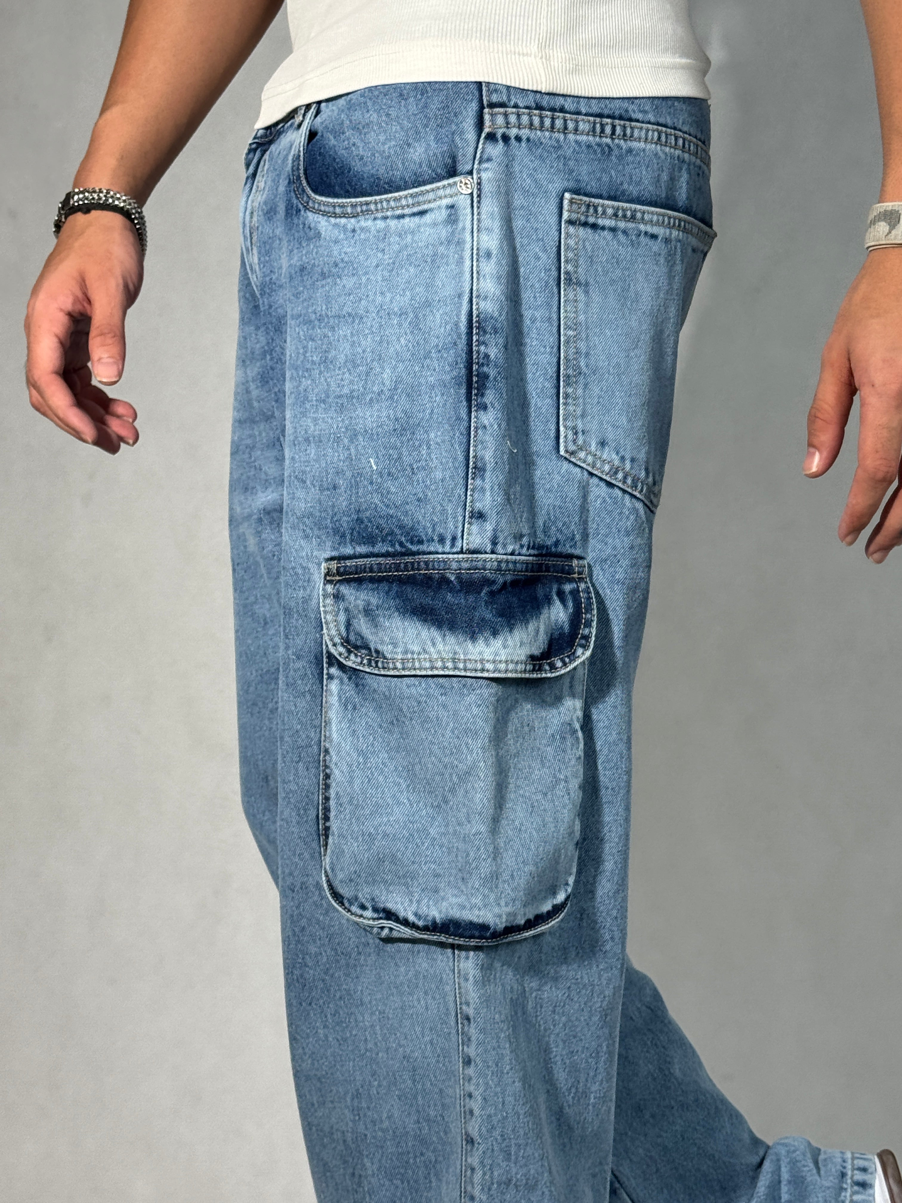 Blue Stone Wash Baggy Fit Cargo Men Jeans