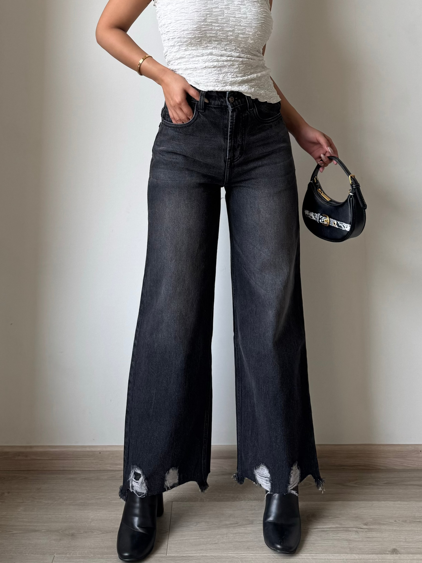 Black Destroyed Hem Fade Wide Leg Cropped Jeans