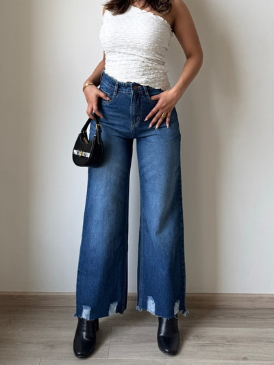 Blue Destroyed Hem Fade Wide Leg Cropped Jeans