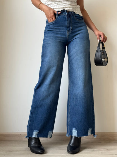 Blue Destroyed Hem Fade Wide Leg Cropped Jeans