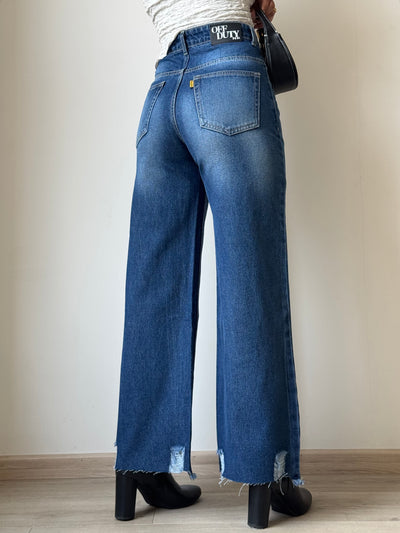 Blue Destroyed Hem Fade Wide Leg Cropped Jeans