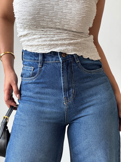 Blue Destroyed Hem Fade Wide Leg Cropped Jeans