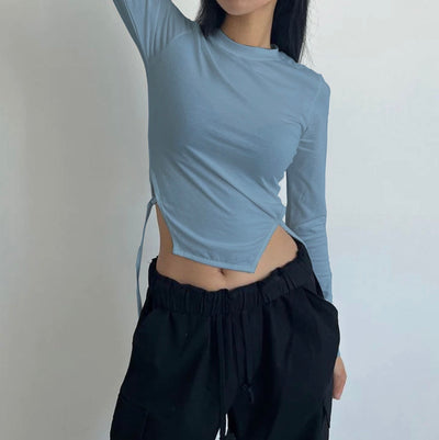 Casual Korean Asymmetrical Hem Full Sleeve Top