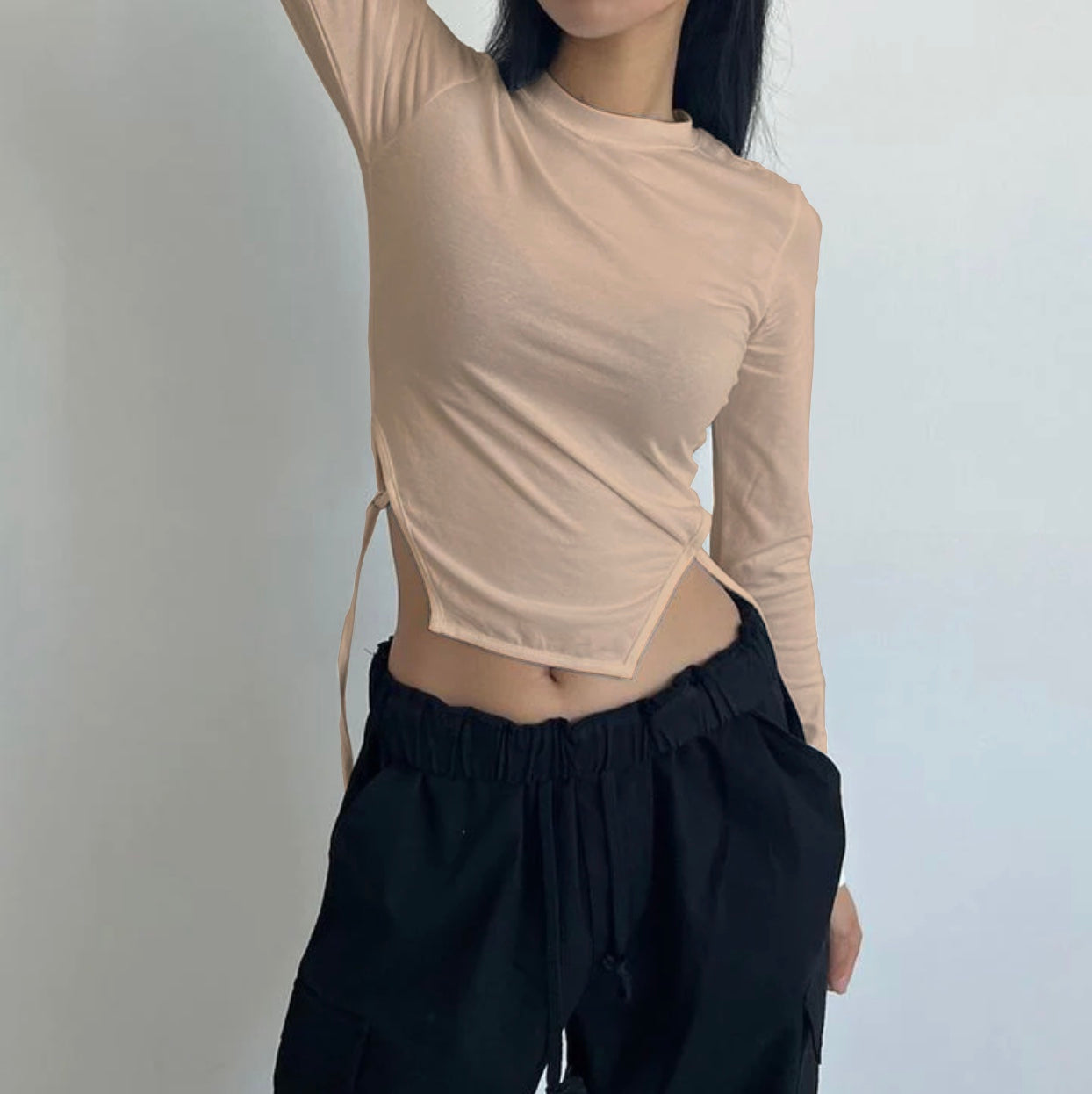 Casual Korean Asymmetrical Hem Full Sleeve Top