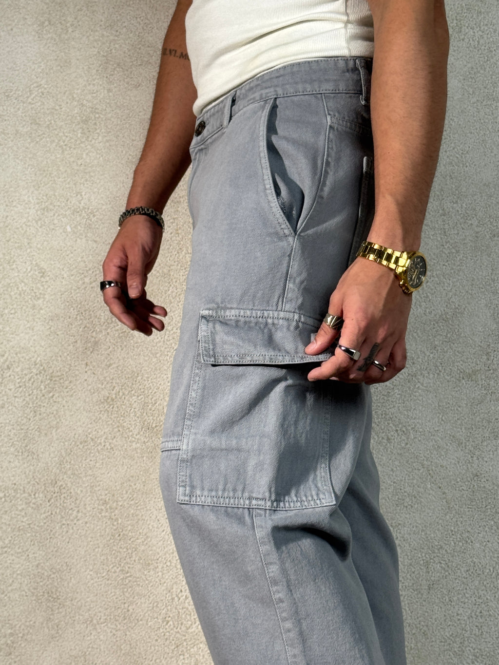 Moonstone Grey Flap Pocket Side Cargo Jeans