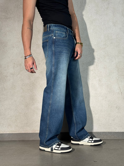 Worn Blue Whisker Wash Loose Straight Fit Jeans