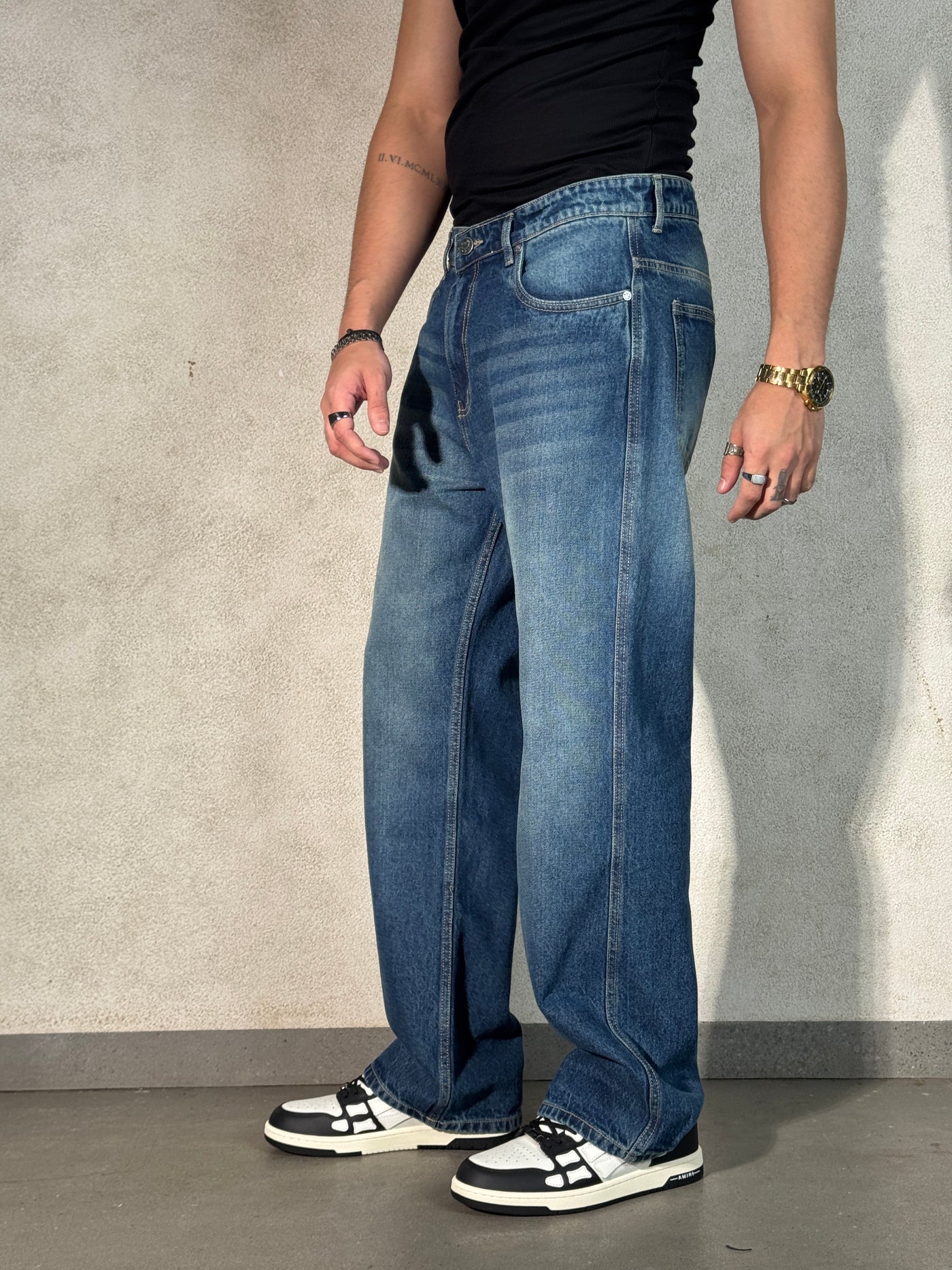 Worn Blue Whisker Wash Loose Straight Fit Jeans