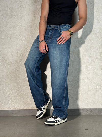Worn Blue Whisker Wash Loose Straight Fit Jeans