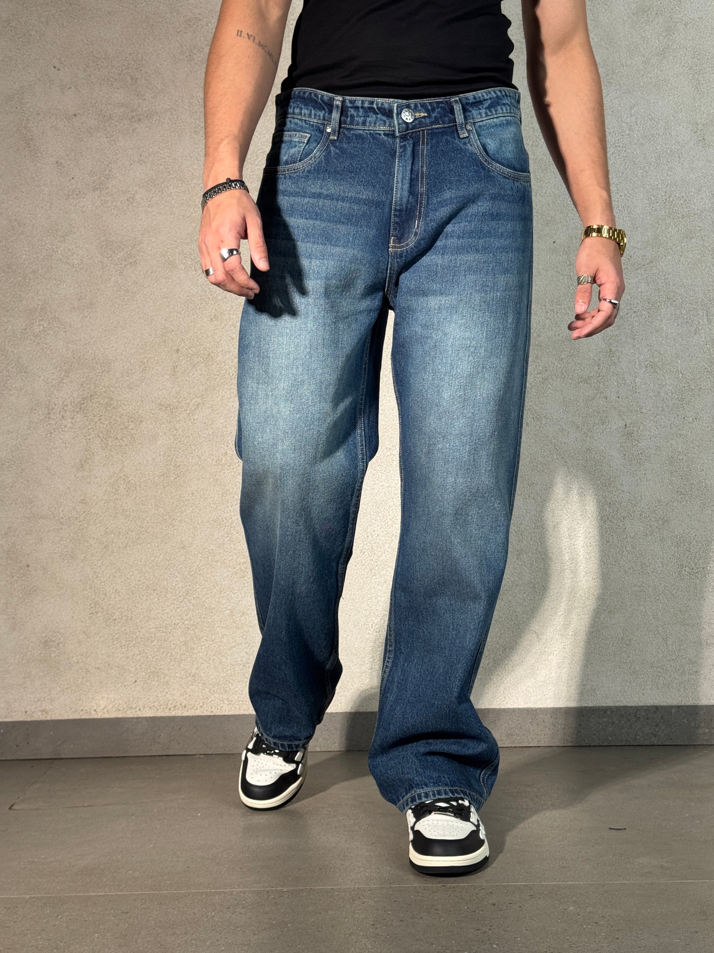 Worn Blue Whisker Wash Loose Straight Fit Jeans