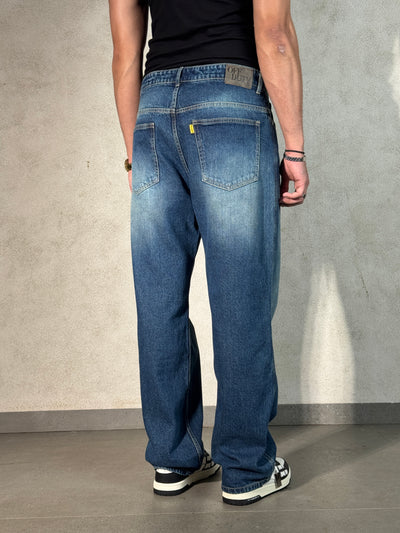 Worn Blue Whisker Wash Loose Straight Fit Jeans