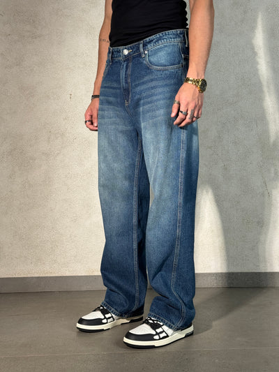 Worn Blue Whisker Wash Loose Straight Fit Jeans
