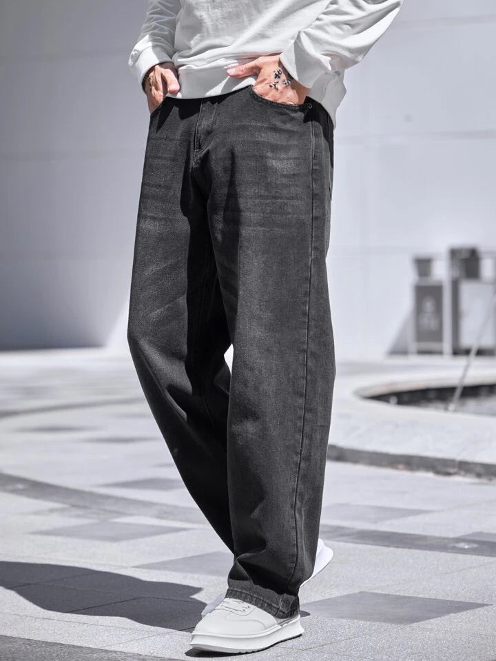 Charcoal Raw Wash Baggy Fit Jeans