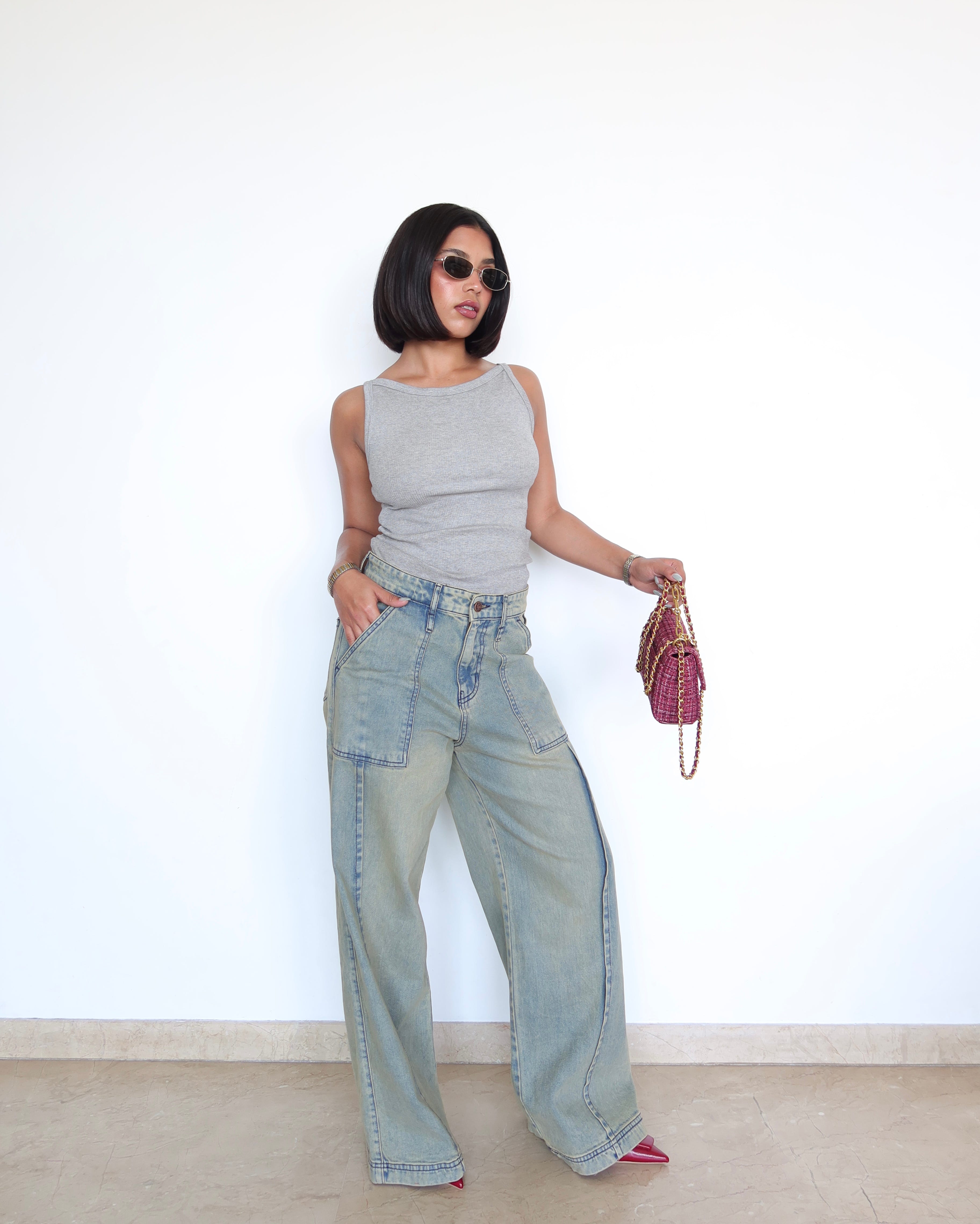 Muted Blue Baggy Wide Leg Jeans
