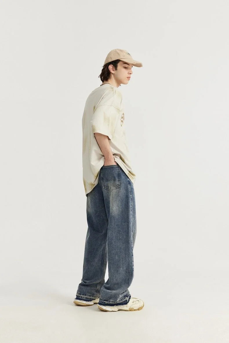 Raw Fringed Washed Baggy Jeans