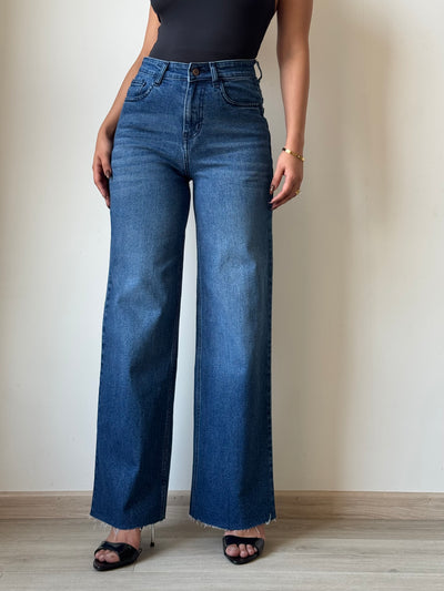 Twilight Blue Raw Hem Wide Leg Jeans