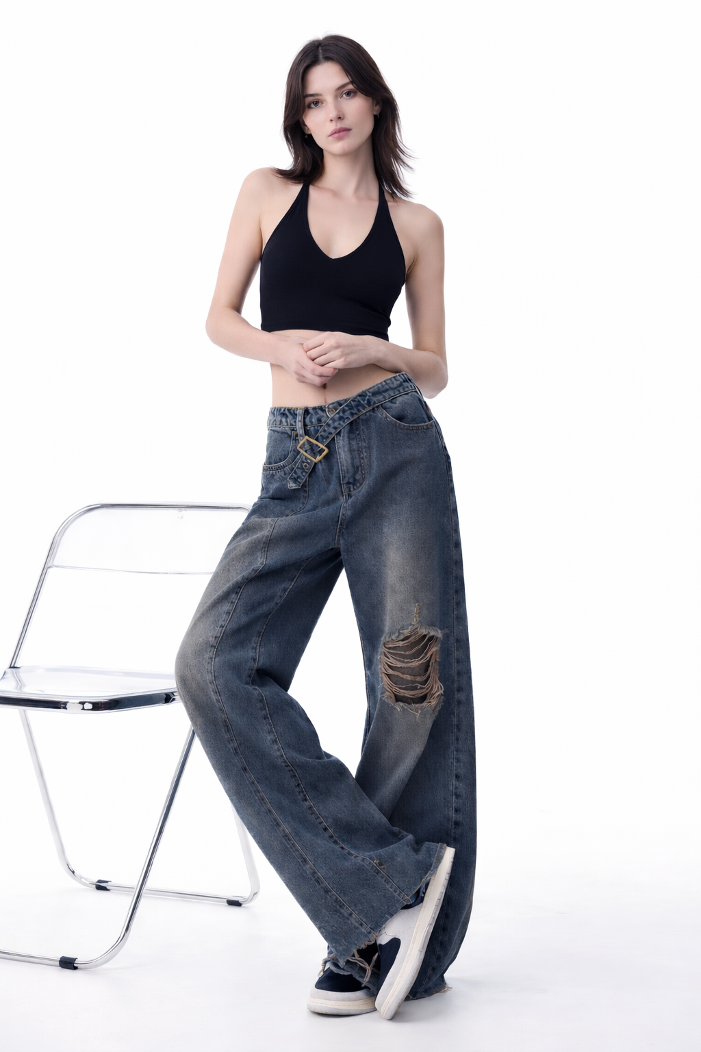 Off Beat Distressed Blue Baggy Jeans