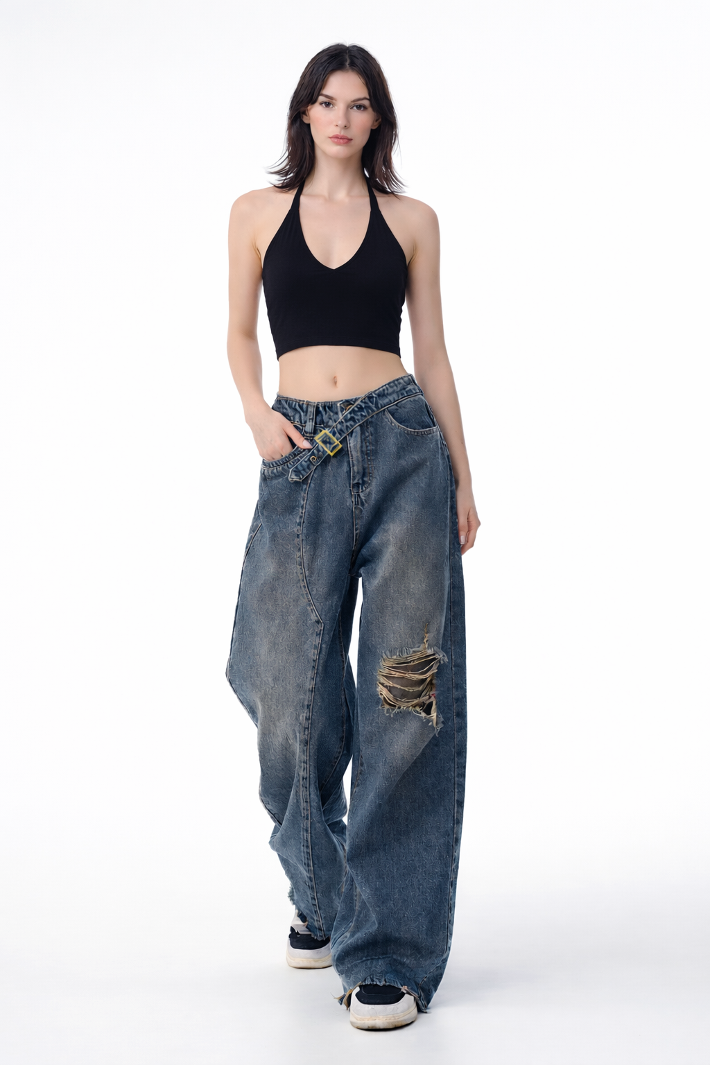 Off Beat Distressed Blue Baggy Jeans