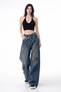 Off Beat Distressed Blue Baggy Jeans