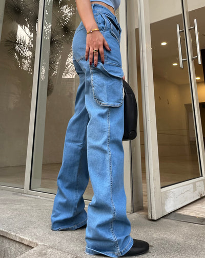 City Chic Blue Wash Cargo Jeans