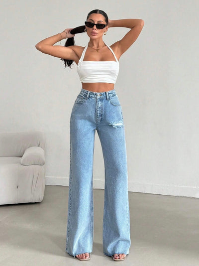 Raw Rip Stone Blue Wide Leg Jeans