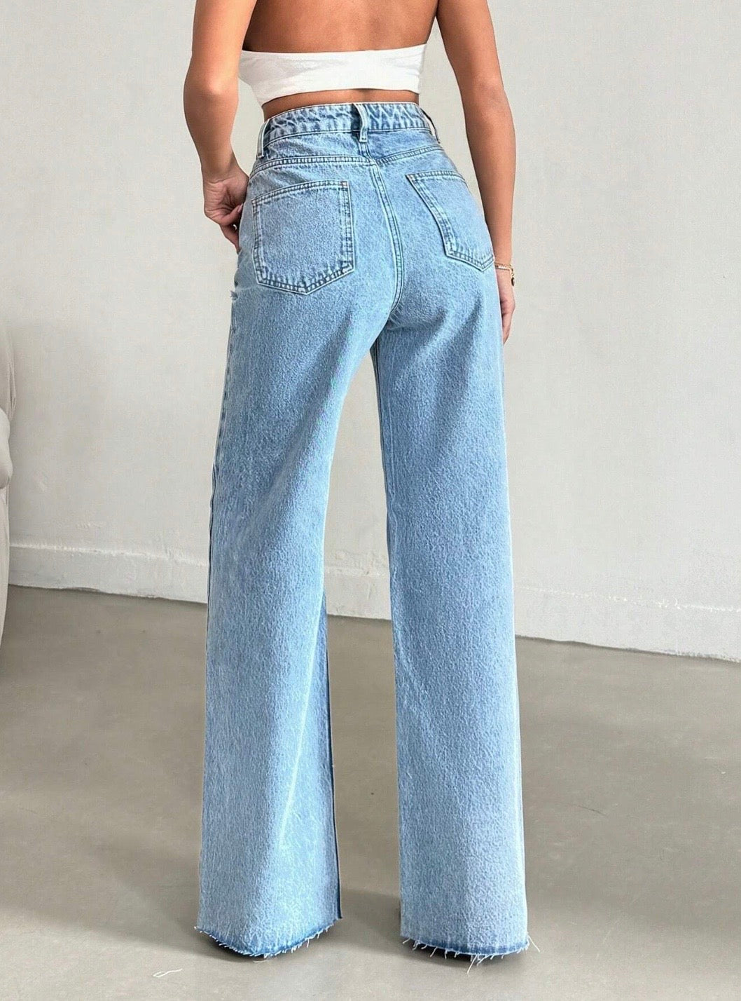 Raw Rip Stone Blue Wide Leg Jeans