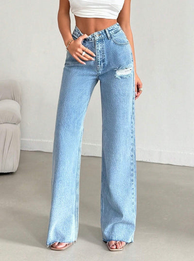 Raw Rip Stone Blue Wide Leg Jeans