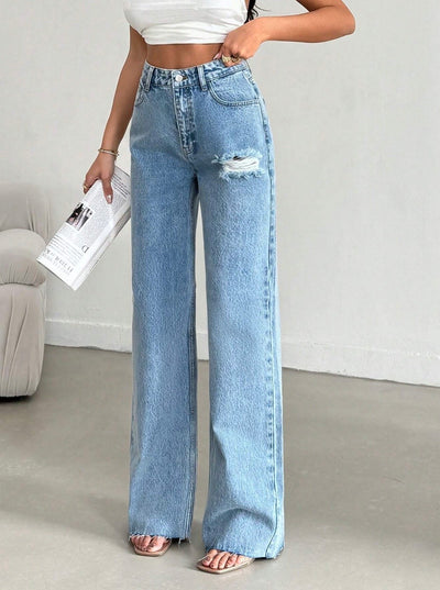 Raw Rip Stone Blue Wide Leg Jeans