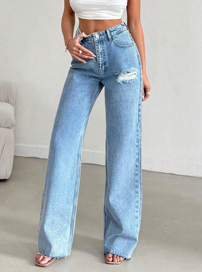 Raw Rip Stone Blue Wide Leg Jeans