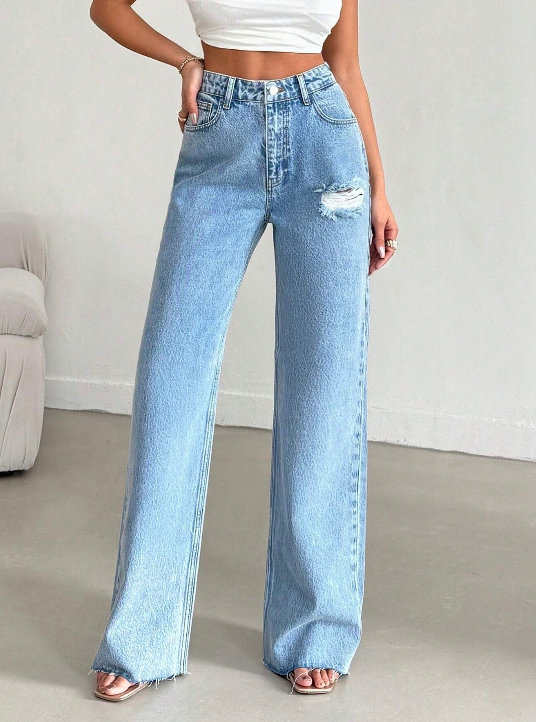 Raw Rip Stone Blue Wide Leg Jeans