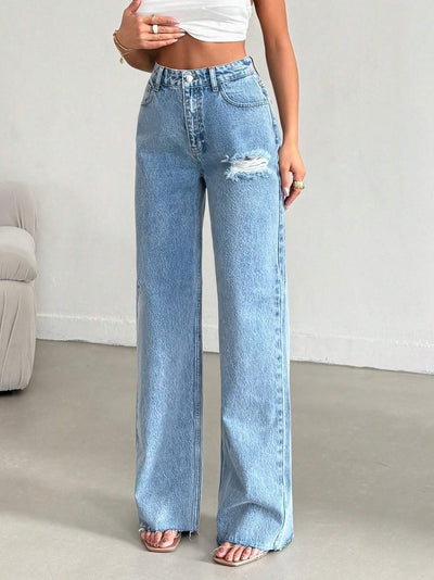 Raw Rip Stone Blue Wide Leg Jeans