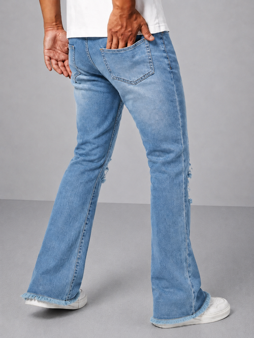 Blue Raw Cut Slim Bootcut Jeans