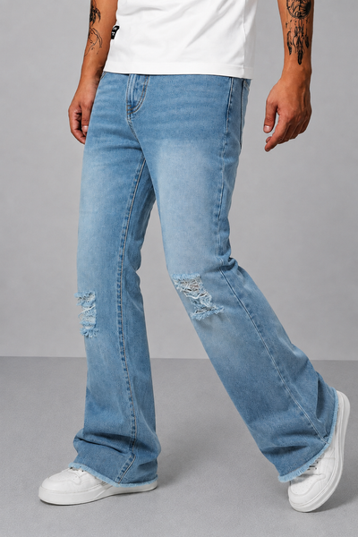 Blue Raw Cut Slim Bootcut Jeans